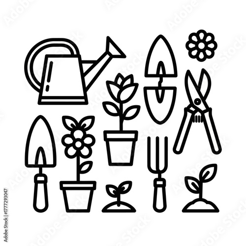 Collection of Black Outline Garden Tools and Plants Icon Set.