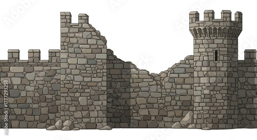 Ancient Stone Fortress Wall Illustration Depicting a Weathered Medieval Castle with a Towering Bastion and Damaged Ramparts