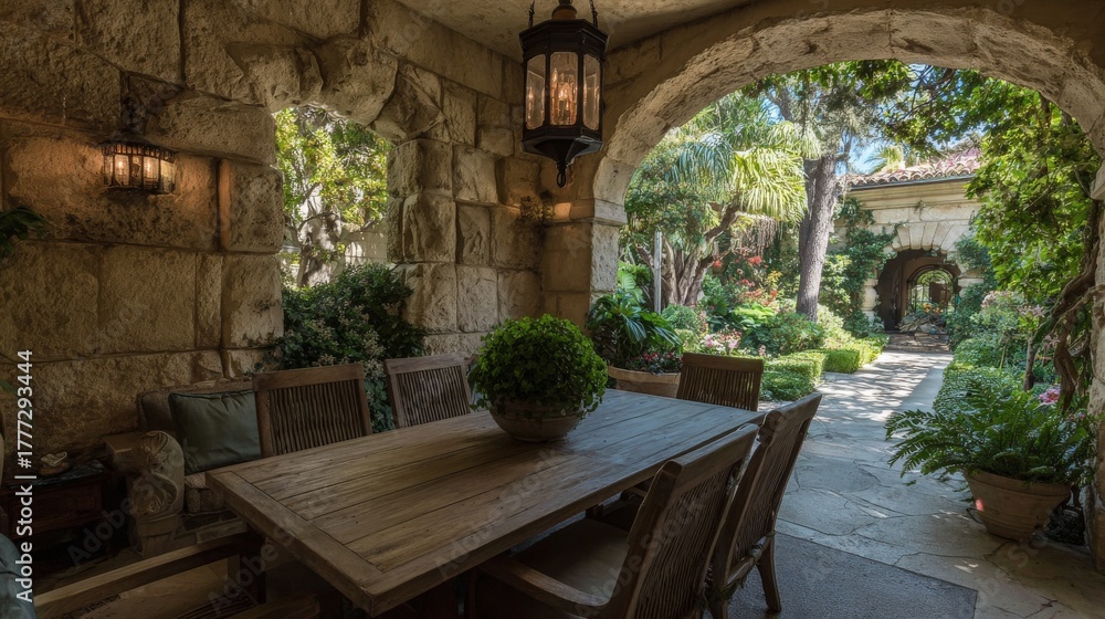Fototapeta premium Outdoor dining area features rustic stone arches opening onto a lush, verdant courtyard.