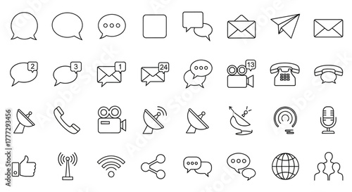Collection of Communication Icons - Speech Bubbles, Mail, Phone, Satellite, and More.