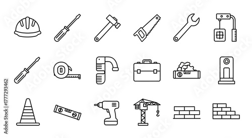 Collection of Construction Tools Outlined in Black and White, Isolated.