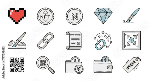 Collection of digital art, NFT, and cryptocurrency line icons with minimal color accents.