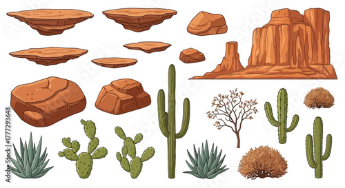 Desert Landscape Elements Rocks, Cacti, and Plateaus Illustration