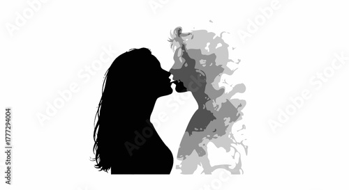 Silhouette of romantic couple expressing love through a passionate kiss with abstract elements