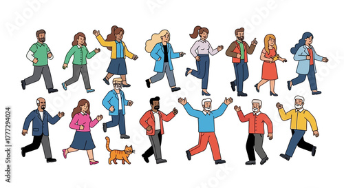 Diverse group of cartoon people walking or running in various poses and outfits vector