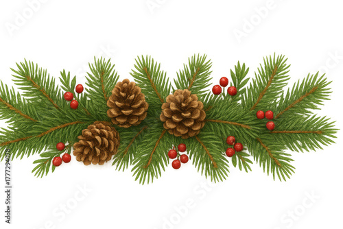 Christmas garland border with fir branches, pinecones and red berries for festive holiday decoration, transparent background