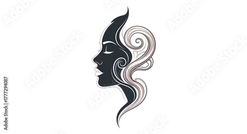 Abstract woman face silhouette with decorative swirls for mystical aesthetic design concept
