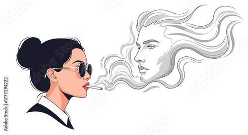 Smoking woman exhales a face of smoke in artistic profile composition
