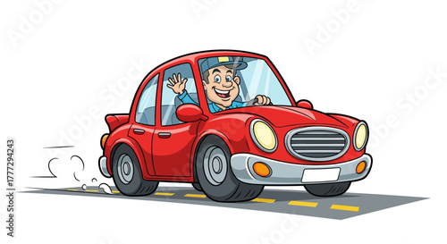 Cheerful cartoon man driving a red car waving hand, vibrant design for children books and