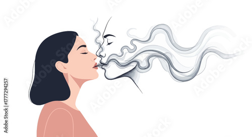 Surreal digital portrait of a woman exchanging a smokey kiss with an ethereal entity, exploring