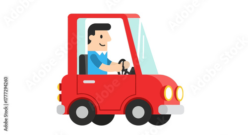 Cartoon driver cheerfully navigates a red vehicle on a bright white backdrop