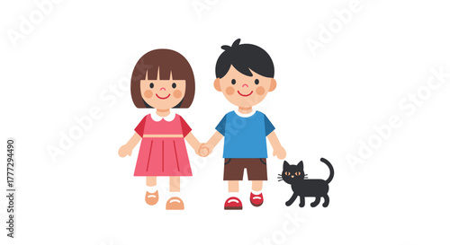 Illustration of joyful children walking hand in hand with their black cat companion isolated on