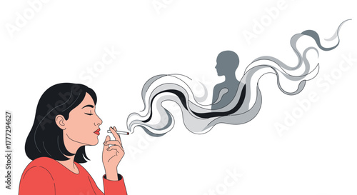 A woman smoking cigarette with smoke forming a human silhouette, representing addiction and its