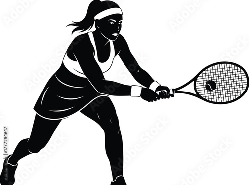 "Black-and-White Tennis Player Silhouette Illustration for Sports Design and Fitness Graphics"