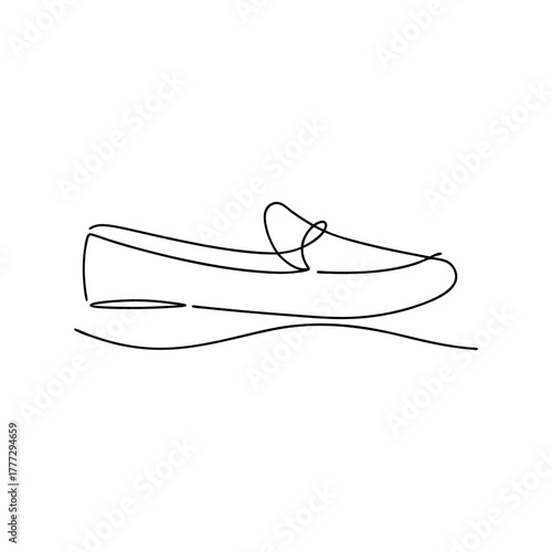 Continuous line art drawing of a minimalist slip-on loafer