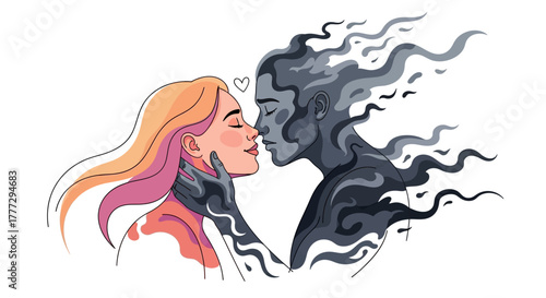 A beautiful illustration of two individuals from differing worlds sharing an intimate moment in