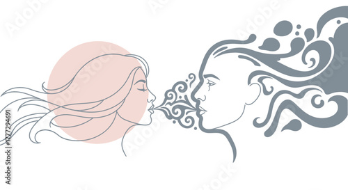 Delicate line art depicting a woman's breath transforming into swirling designs towards a man