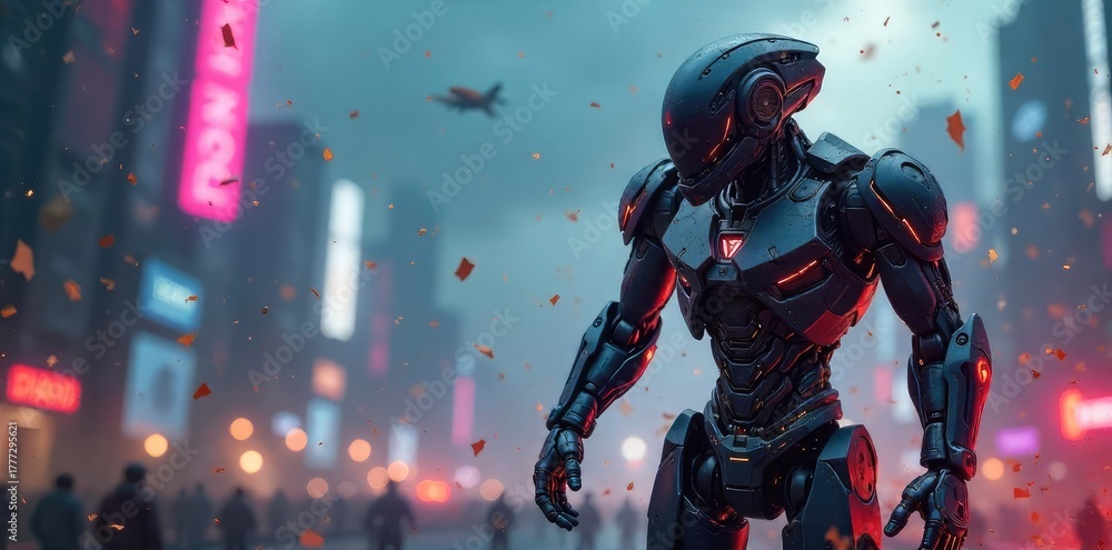 Fototapeta premium Futuristic cityscape backdrop, neon lights reflecting on a sleek, damaged robot amidst flying debris, suggesting a fierce, technologically advanced battle , explosion, cityscape