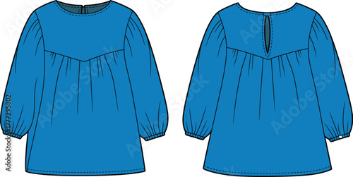 Blue dress illustration, fashion flat sketch, gathered sleeve tunic, yoke design, keyhole back, loose fit, garment template, apparel mockup