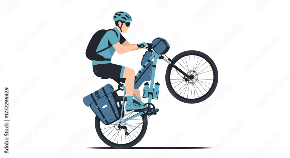 Naklejka premium Adventurous cyclist skillfully performing a wheelie with fully loaded touring bicycle