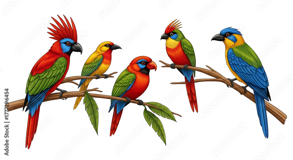 Naklejka premium Colorful tropical birds perched on jungle branches 