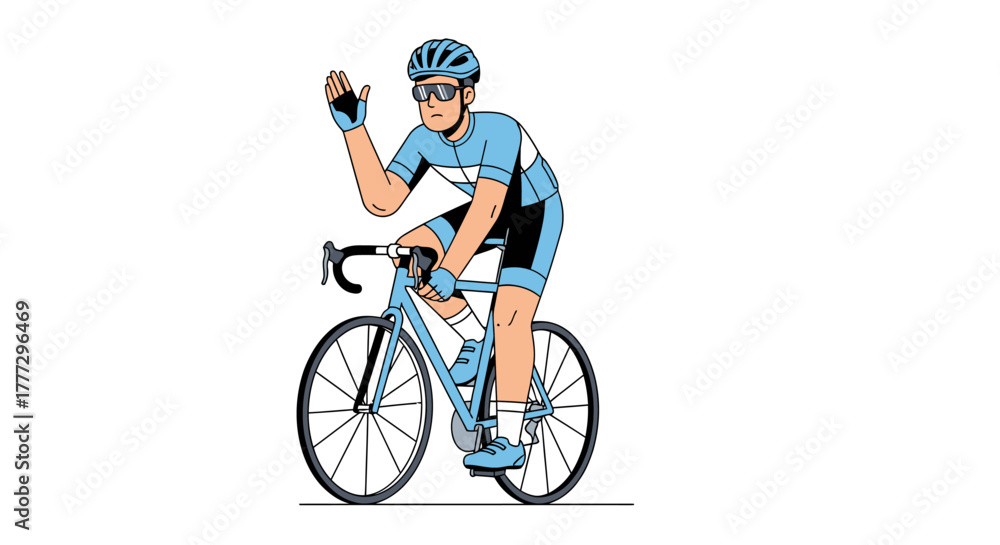 Fototapeta premium Cartoon cyclist illustration waving with a light blue outfit against a white background