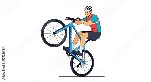 Skilled cyclist balancing on one wheel performing an amazing trick illustration