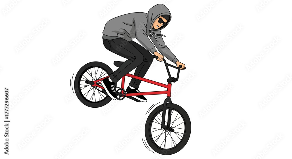 Fototapeta premium Illustration of a bmx rider performing a wheelie, wearing a hoodie and sunglasses on a red bike