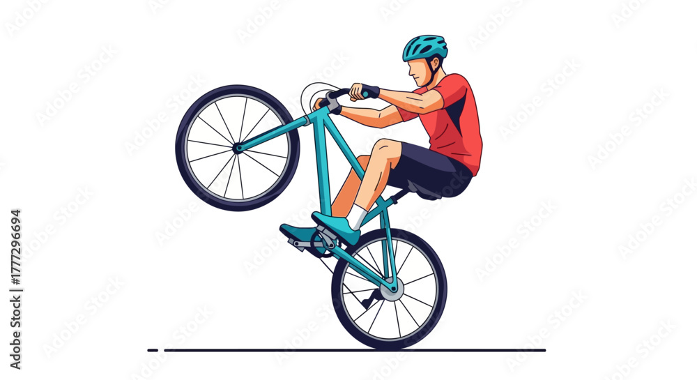 Obraz premium Illustrative cyclist performs a wheelie stunt, showcasing skill and agility, perfect for sport