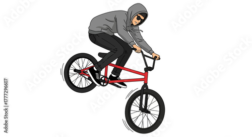 Illustration of a bmx rider performing a wheelie, wearing a hoodie and sunglasses on a red bike