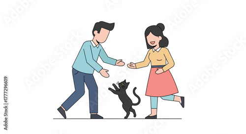 Delightful scene of a playful cat interacting with a couple in a lighthearted moment portrayed