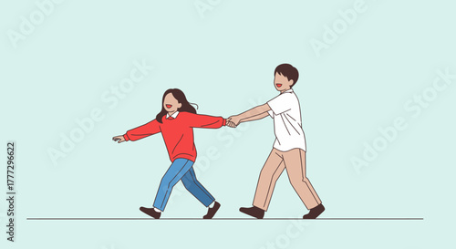 Whimsical illustration showcasing a couple strolling hand-in-hand along a path with a minimalist