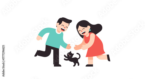 Joyful cartoon couple playing together with their cute black cat in a minimalist style illustration