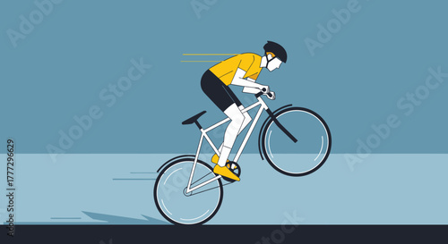 Dynamic cyclist illustration showing speed and balance on a blue background with graphic elements