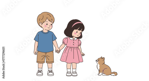 Charming illustration of children holding hands facing a cute kitten on a white background