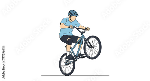 A cyclist is shown doing a wheelie stunt, highlighting balance and skill demonstration with a