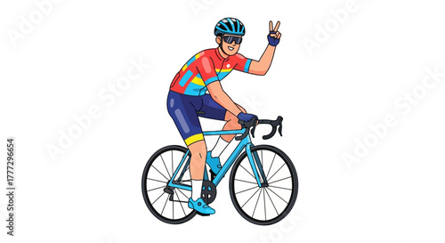 Enthusiastic cyclist radiates positivity on a picturesque cycling adventure expressing victory