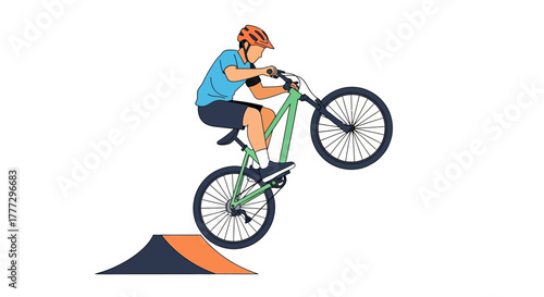 Dynamic mountain biker performing a ramp jump with style and precision on isolated background