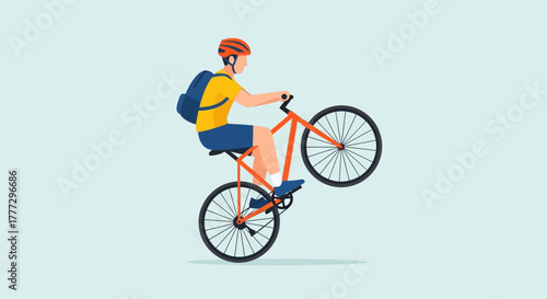 A cyclist performing a wheelie with safety helmet and backpack on a light backdrop