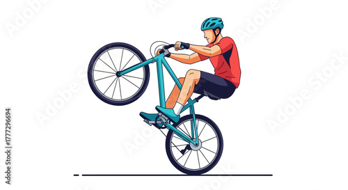 Illustrative cyclist performs a wheelie stunt, showcasing skill and agility, perfect for sport