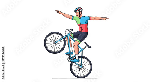 Cycling athlete balancing on one wheel conveying confidence and showcasing the sport