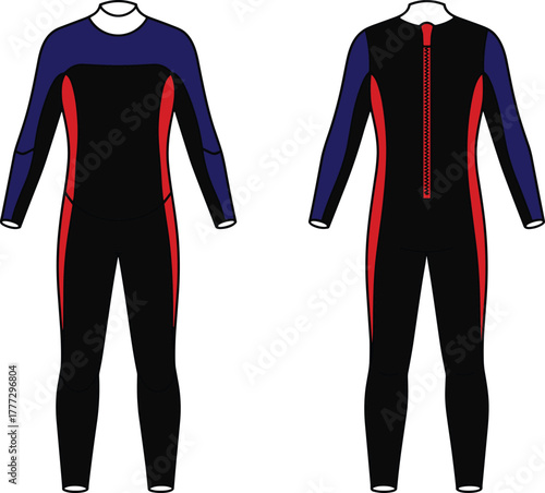Full body wetsuit front and back view, black blue red design, water sports gear, thermal protection suit, diving apparel illustration