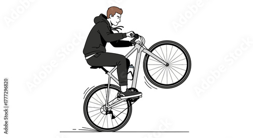 Illustration of a person performing a wheelie on a mountain bike on white background