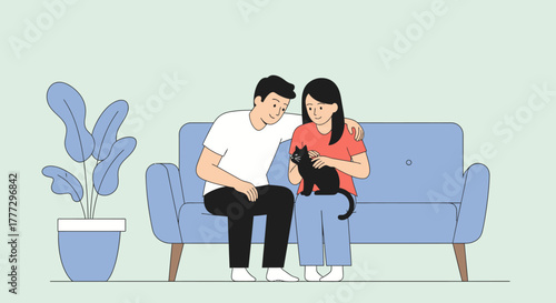 Couple comforts each other with a cat sitting on their lap during a difficult moment portrayed in