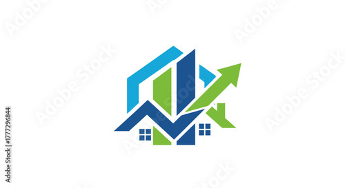 Abstract logo combining building structures, upward trending graphs, and an ascending arrow, symbolizing real estate growth, investment, and financial progress.