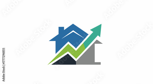 A stylized graphic representing real estate growth with an upward trending arrow superimposed on a house silhouette.