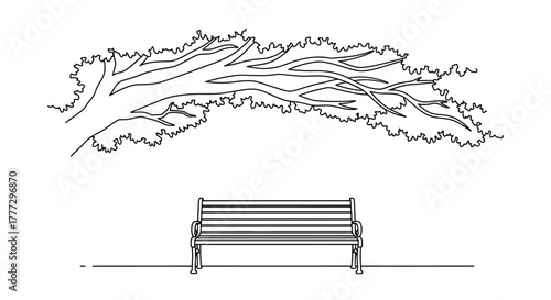Monochrome park scene with a bench under a tree canopy for relaxation and reflection
