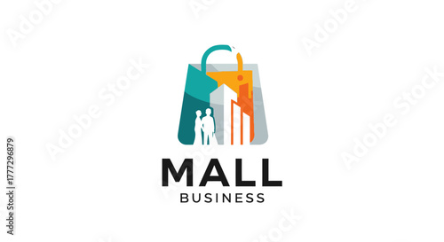 A modern logo design featuring a shopping bag with a cityscape silhouette and people inside, representing mall business.