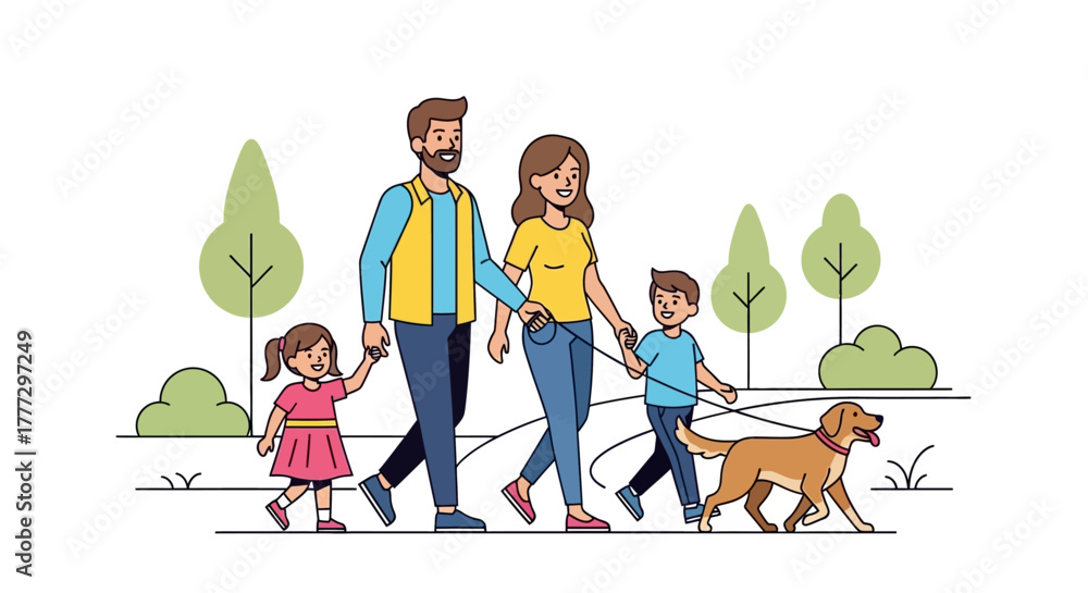 Fototapeta premium Happy Family Walking Dog in Park Healthy Lifestyle Outdoor Activity