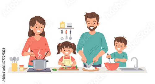 Happy Family Cooking Together in Kitchen Preparing Meal Vector Illustration